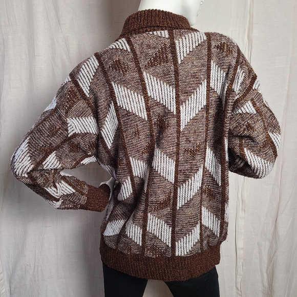 Vintage Her Women's Brown Acrylic Cowl Neck Funky Chevron Pattern Knit Sweater - Picture 6 of 13